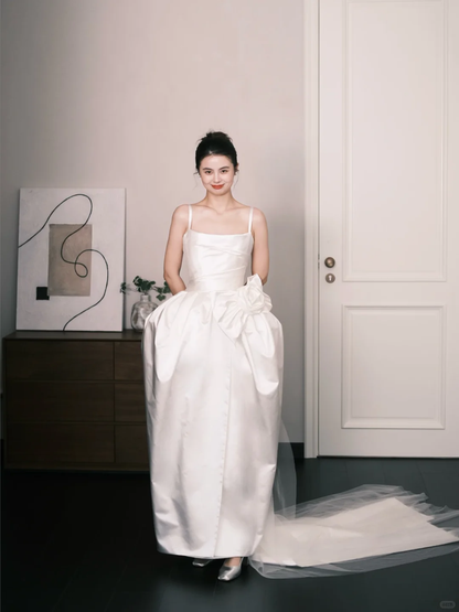 Spaghetti Strap Square Neck Satin Wedding Dress with 3D Rose  NV7354