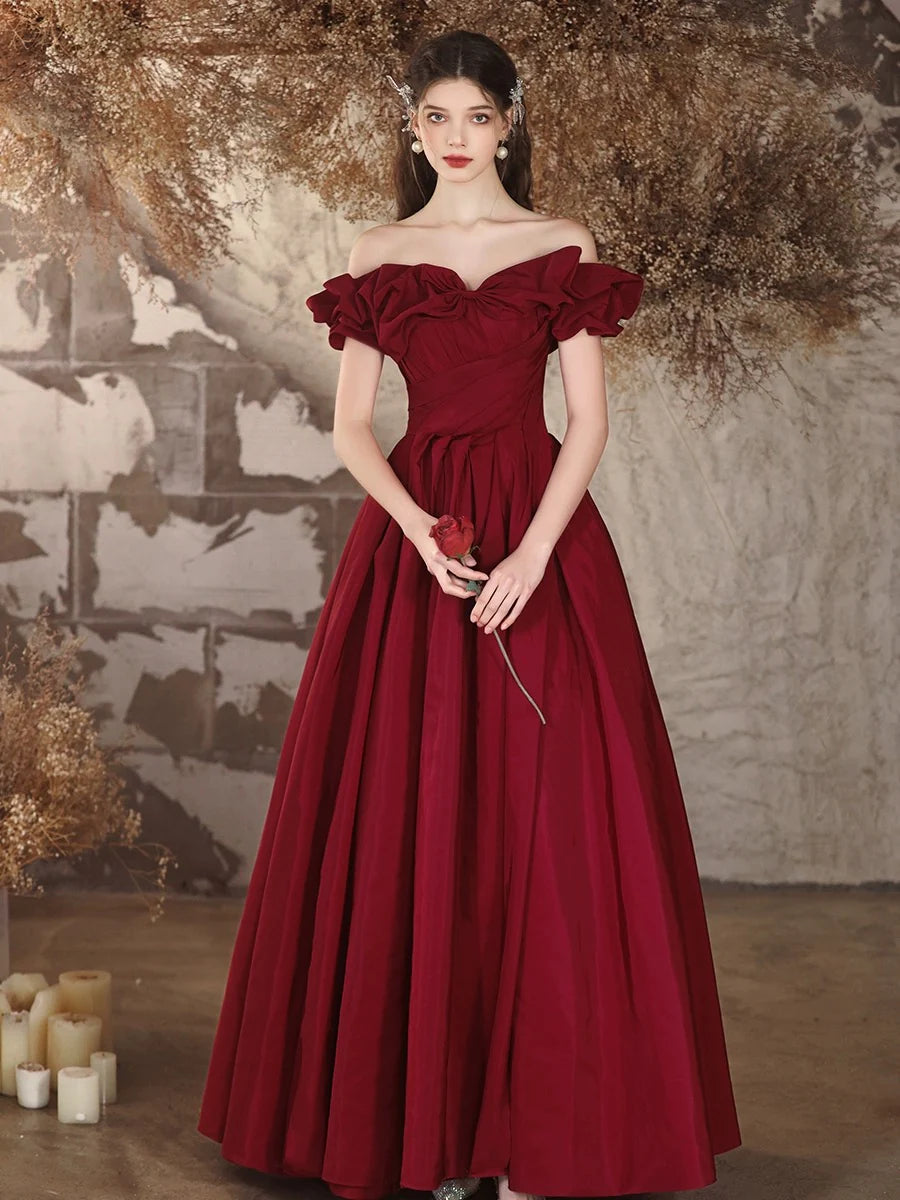 A-Linie, schulterfrei, Satin, Burgunderrot, langes Ballkleid, Burgunderrot, langes Abendkleid, nv1605