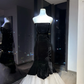Black Strapless Velvet Mermaid Dress White Tulle Hem Contrast Formal Prom Gown  NV6947