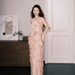 Nude Pink Halter Chiffon Prom Dress 3D Floral Beaded Evening Gown  NV7209