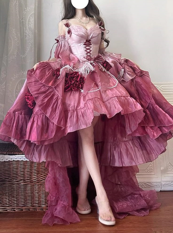 Robe de soirée rose à fleurs, courte devant et longue derrière, robe d'anniversaire nv5175