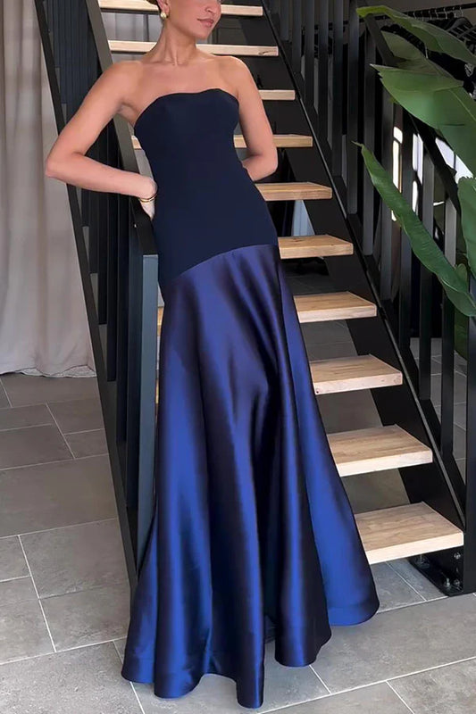 Blue low waist elegant and charming simple satin splicing tube top off shoulder flared dress long dress long ball gown evening dress party dress prom dress to impress nv2583