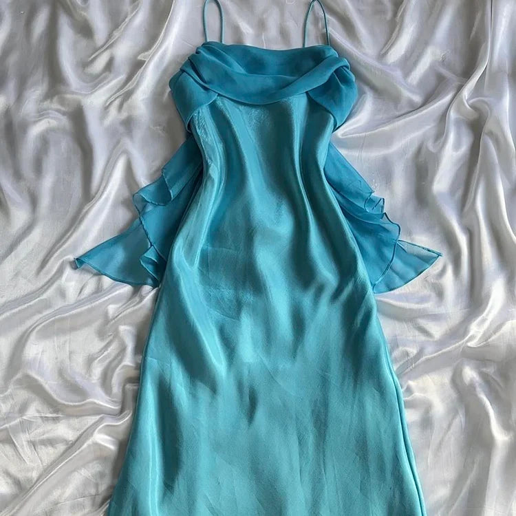 Robe de soirée élégante en mousseline de soie, longue, bretelles spaghetti, bleue, mode, robe de bal, robe de soirée, nv3683