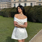 Robe de soirée courte en satin blanc simple et tendance, à épaules dénudées, robe de bal, robe d'anniversaire, robe de soirée pour invités de mariage nv2551