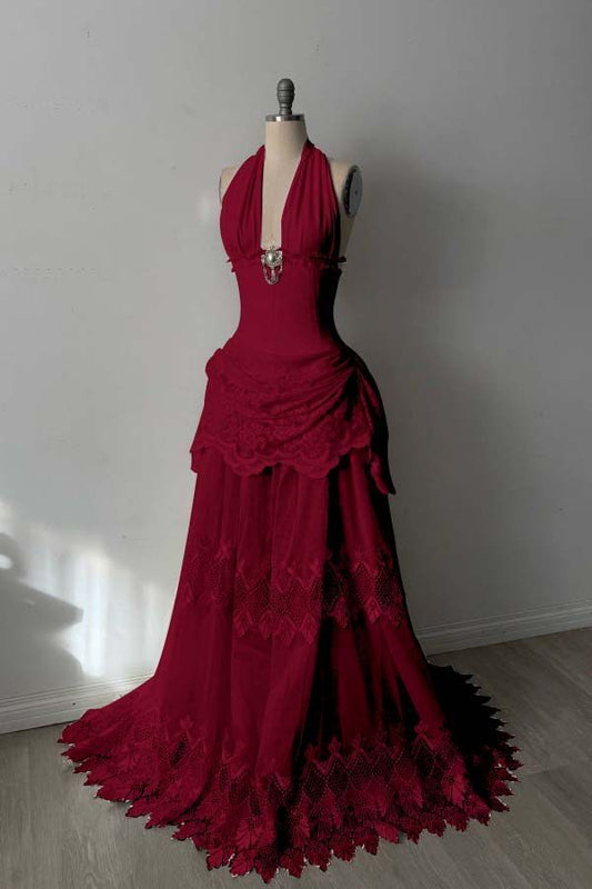 Red Delicate Lace Long Dress NV6688