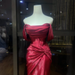 Burgundy Off Shoulder Mermaid Evening Dress, Draped Ruched Shimmer Gown With Train  NV7089