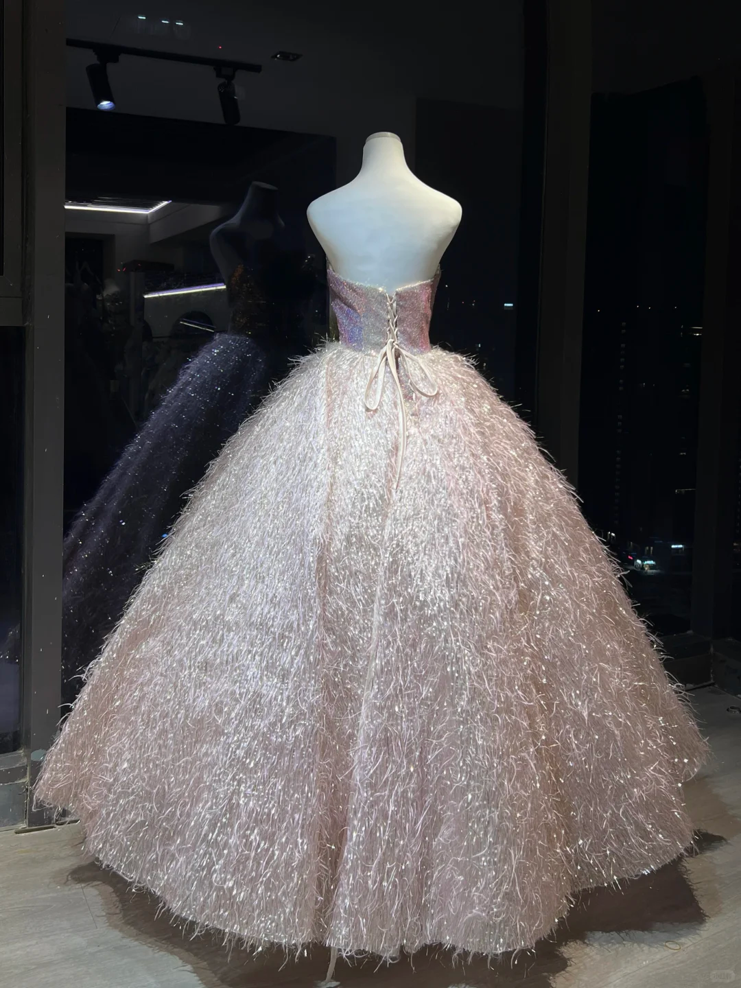 Light Pink Strapless Ball Gown, Sweetheart Neck Beaded Embroidery Sparkly Feather Tassel Skirt Prom Dress  NV7090