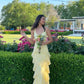 Yellow light elegant shoulder strap long chiffon ruffle layered ball gown evening dress party dress graduation dress nv3489