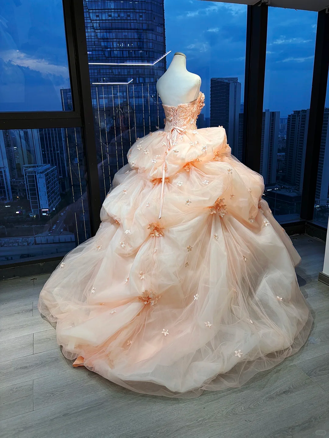 Strapless Peach Sweetheart Ball Gown Hand Beaded 3D Flower Layered Tulle Prom Dress  NV7041