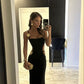 Black exposed waist fashionable elegant long sexy spaghetti strap slim ball gown evening dress nv3138