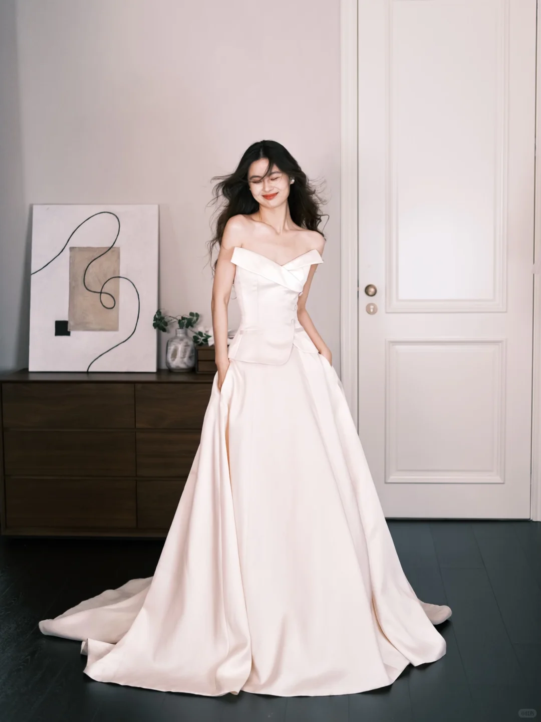 Off Shoulder Satin Bridal Gown, Minimalist Wedding Dress with Pockets  NV7293
