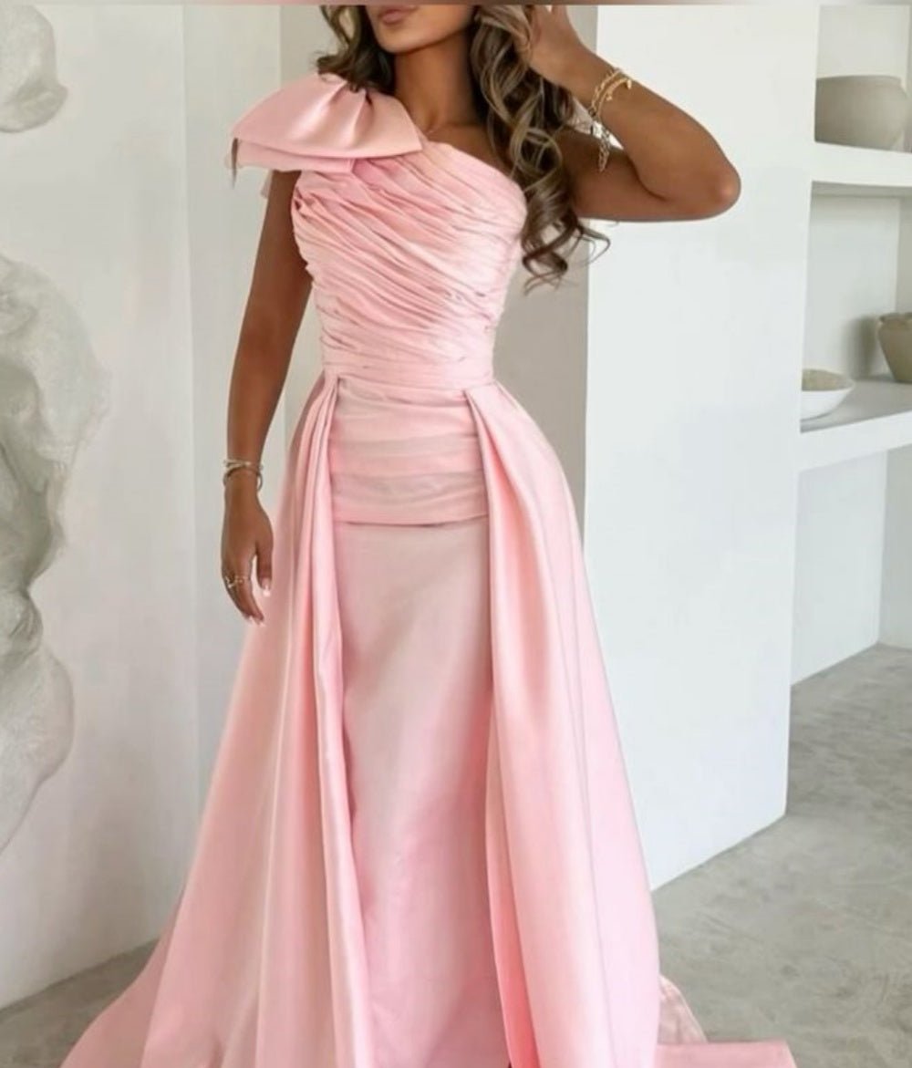 Pink One Shoulder Fashion Elegant Long Satin Ball Gown Evening Dress nv3139