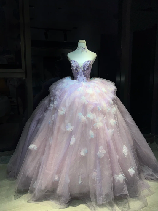 Strapless Lavender Prom Dress Sweetheart Neck Rhinestone Corset 3D Butterfly Tulle Ball Gown  NV7050