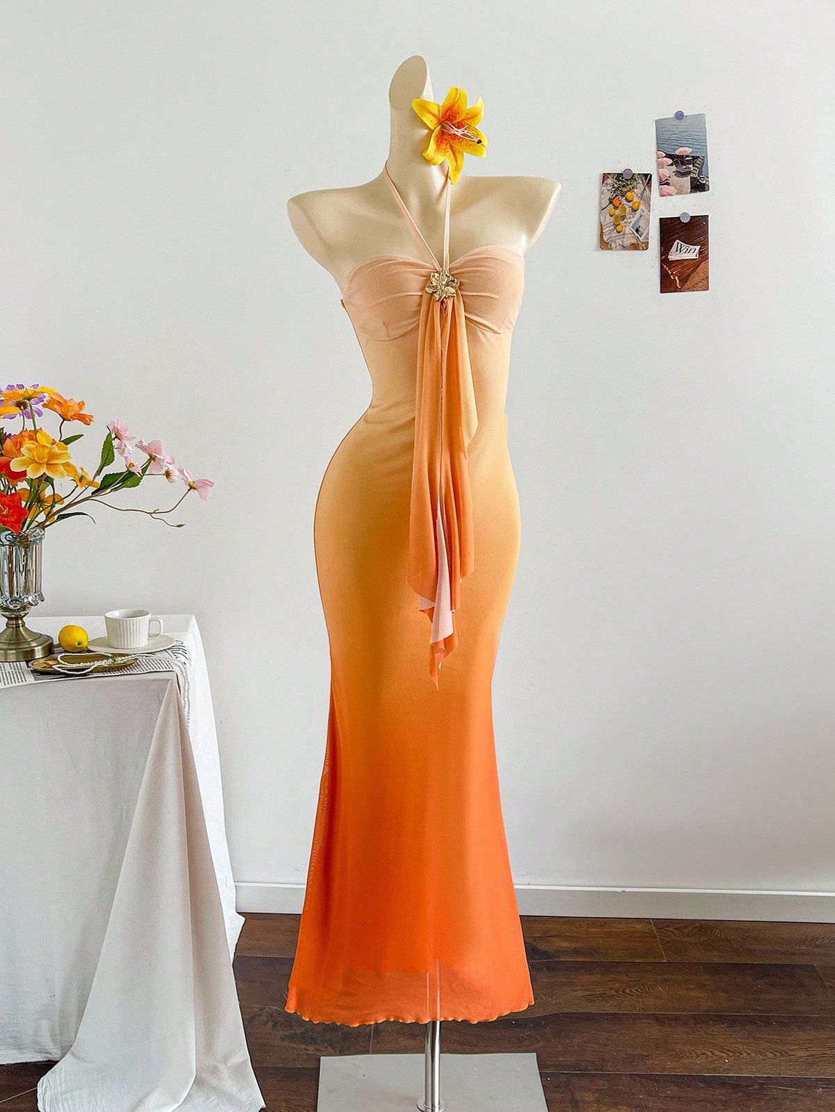 NiceVestidos – Langes Chiffon-Partykleid mit orangefarbenem Farbverlauf NV5963
