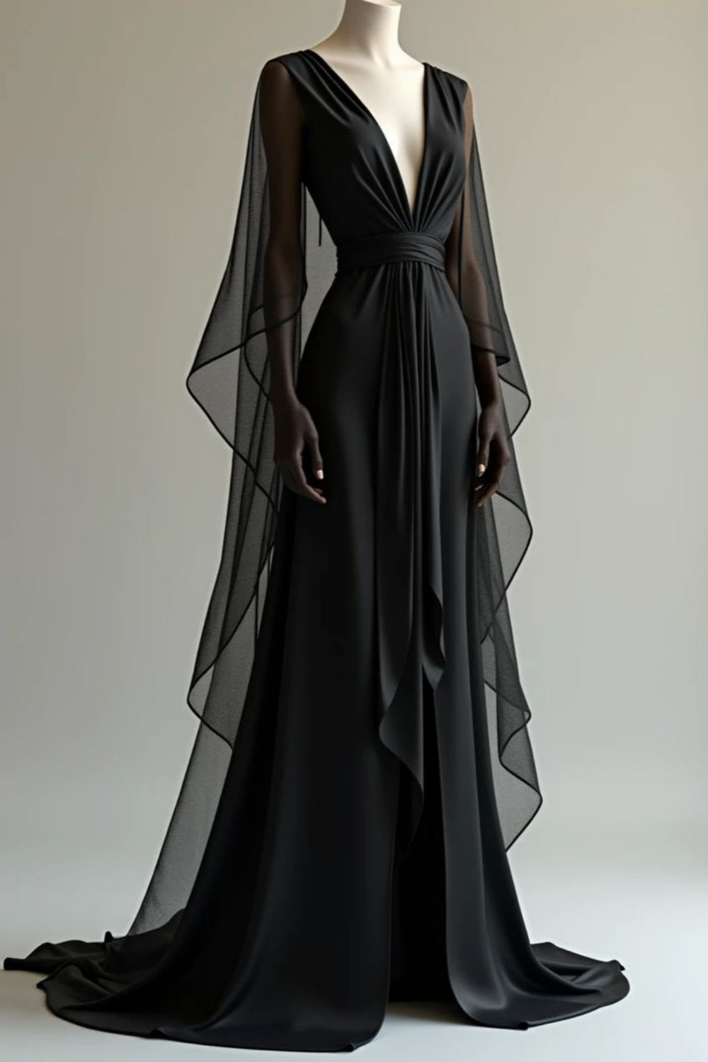NiceVestidos – Schwarzes, langärmeliges Chiffonkleid mit herzförmigem Ausschnitt NV6014
