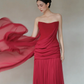 Burgundy One Shoulder Draped Chiffon Pleated Evening Gown with Cape  NV7188