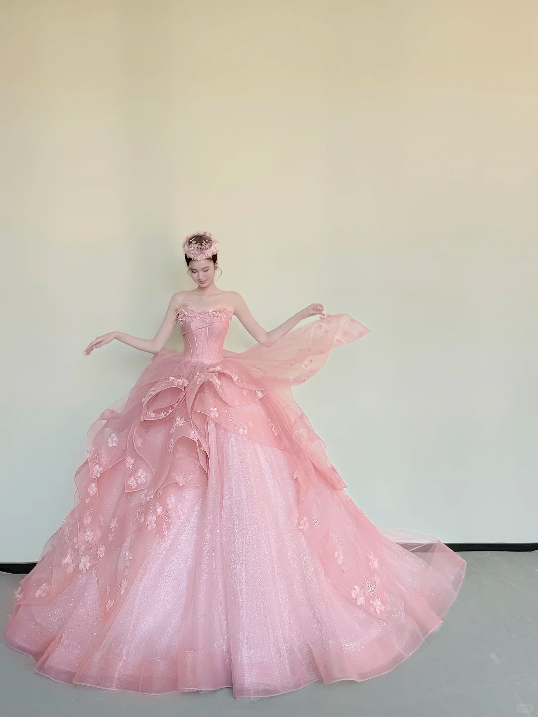 Strapless Pink Corset Prom Dress, 3D Flower Ruffle Glitter Tulle Princess Ball Gown  NV7420