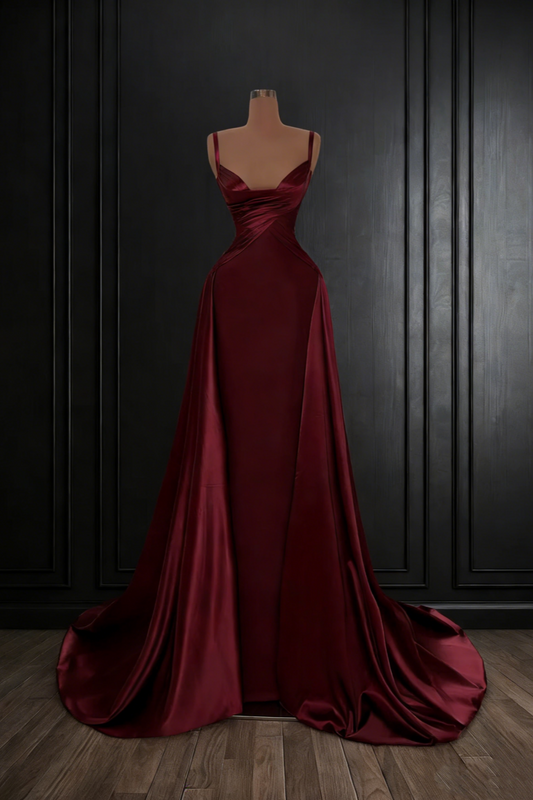 Burgundy Satin Spaghetti Strap Draped Train Gown - Minimalist Evening Dress NV6782