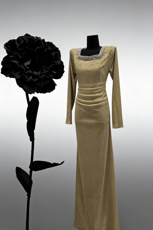 Champagne Gold Shimmer Square Neck Gown - Vintage Luxury Crystal Ruched Mermaid Maxi Dress  NV6799