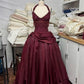 Halter Sleeveless Burgundy Satin Maxi Dress Luxury Elegant Tassel Waist Ball Gown for Gala Ball NV6299