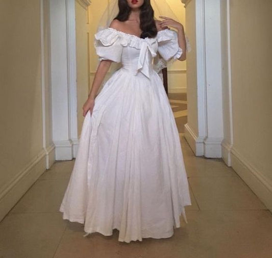 Weißes Vintage Elegantes Tüll Schleife Dekoration Langes Ballkleid Abendkleid Hochzeitskleid nv2818