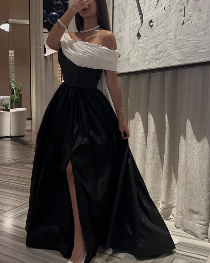 Black fashion elegant charming one shoulder off shoulder short sleeve long slit ball gown evening dress party dress nv2454