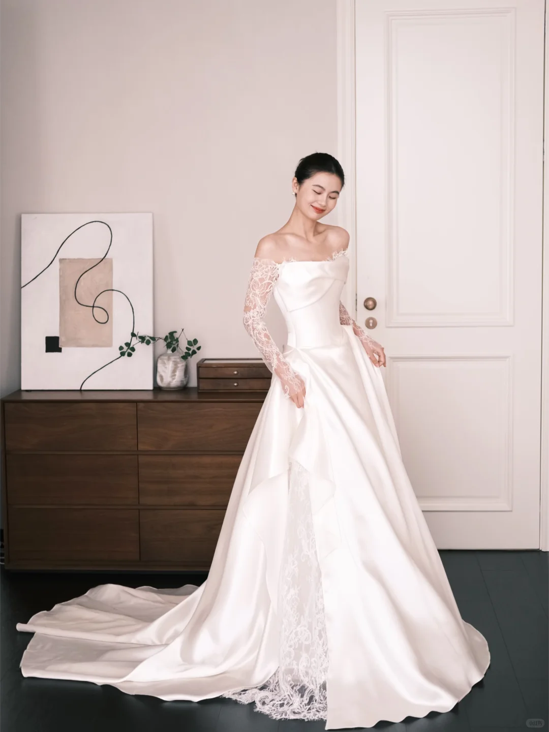 Off The Shoulder Satin Ballgown Wedding Dress Detachable Lace Sleeves Bridal Gown  NV7205