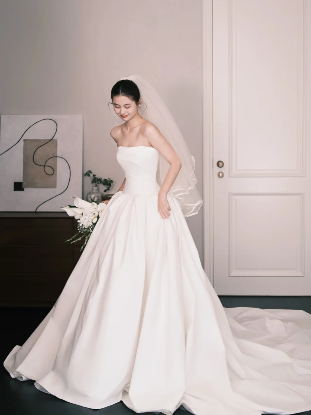 Strapless Draped Satin Wedding Gown, A Line Ballgown with Long Train  NV7356