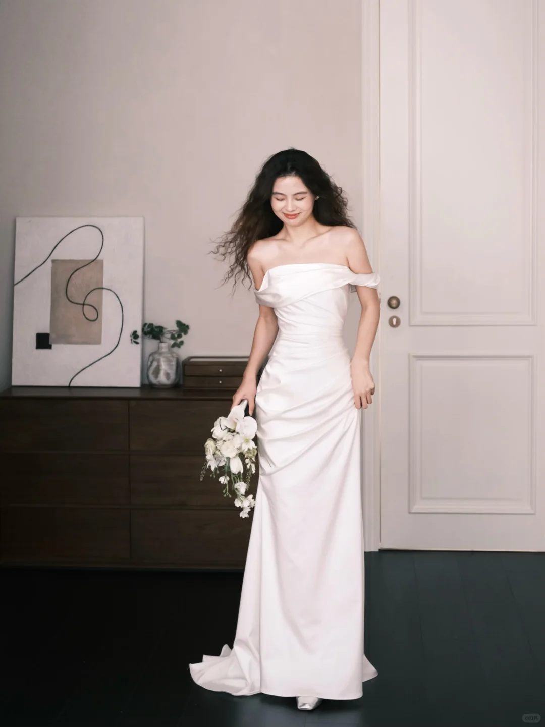 Off Shoulder Foldover Satin Mermaid Bridal Gown with Side Ruching  NV7367
