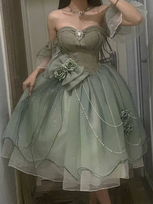 Robe de soirée courte en tulle à fleurs, verte, épaules dénudées, coupe trapèze, mini robe d'anniversaire, robe de bal, nv4172