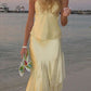 Robe de soirée longue en satin jaune élégante et élégante, deux pièces, tenue de soirée en bord de mer, nv3596