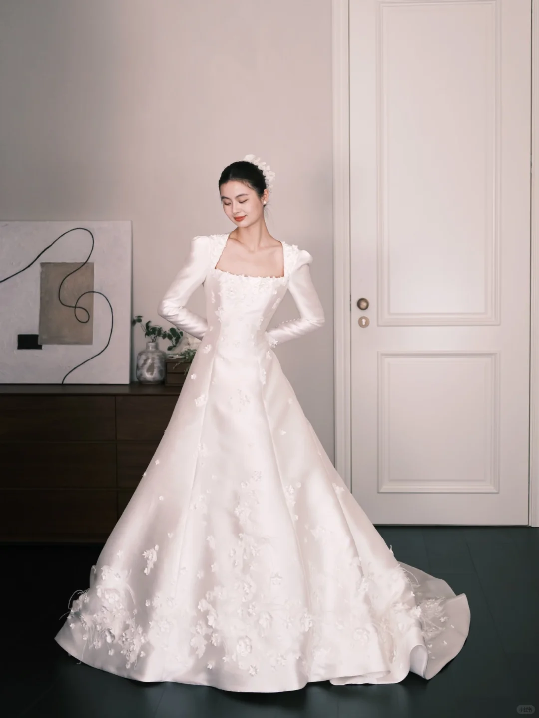 Square Neck Long Sleeve Satin A Line Wedding Gown with Floral Appliques  NV7346