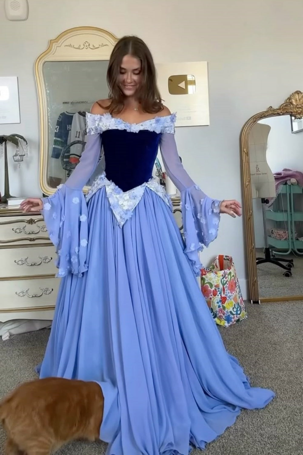 NiceVestidos – Rosa/Blaues langärmeliges Samt-Tüllkleid NV6005