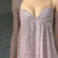 Wunderschönes, glänzendes, schulterfreies, langes Chiffon-Ballkleid mit Spaghettiträgern in Rosa, NV5213