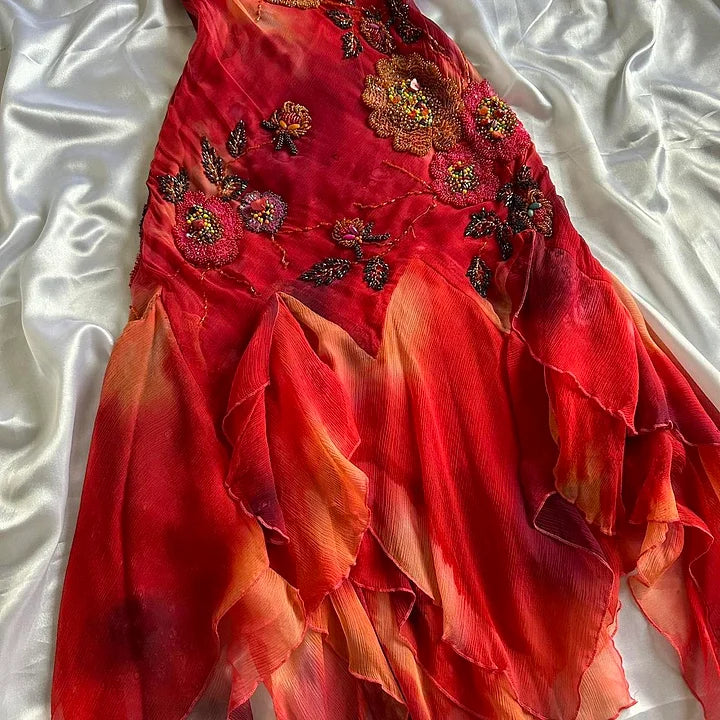🌺✨Rotes, exquisites, mit Perlen besetztes, elegantes, langes Chiffon-Ballkleid im Retro-Stil, Partykleid NV5351