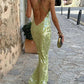 Lime Green Spaghetti Strap Sequined Backless Sexy Elegant Maxi Dress Long Evening Dress Party Dress nv2692