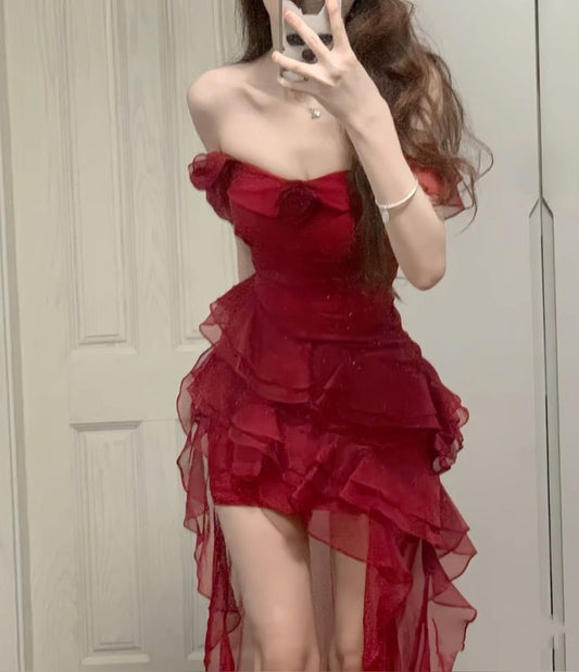 Belle robe de soirée longue en mousseline de soie rouge à volants, sexy et élégante, nv4816