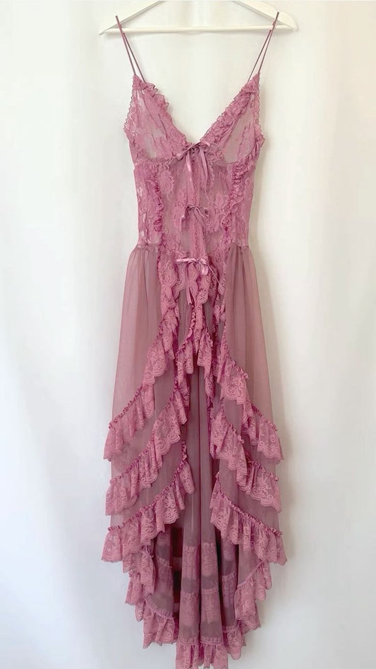 Pink Sweet Delicate Lace Spaghetti Strap Long Tulle ruffled Ball Gown Evening Dress Birthday Party Dress Prom Dress nv3908