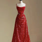 Burgunderrotes, modisches, glänzendes, elegantes, exquisites, perlenbesetztes Spaghettiträger-Abendkleid mit langen Pailletten im Ballkleidstil nv3593