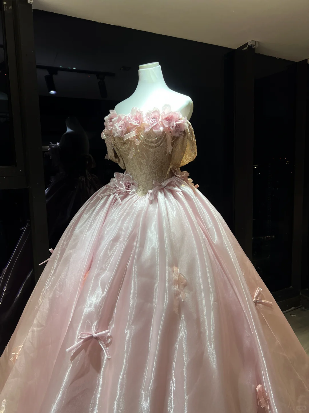 Pink Off Shoulder Organza Ball Gown, Lace Corset Dress with 3D Rose Flowers and Handmade Bows  NV7095
