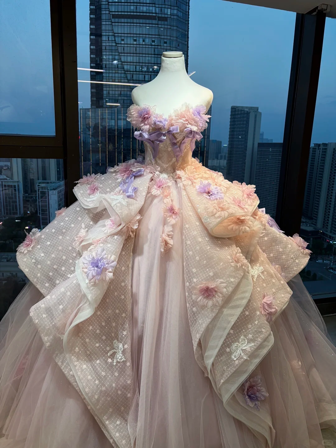 Pink Lavender Strapless Ball Gown 3D Floral Satin Bow Lace Corset Fairy Prom Dress  NV6950