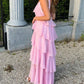 Robe de soirée longue en mousseline de soie rose à volants, jolie et mignonne, longueur au sol, pour bal de promo, pour 22e anniversaire, nv3904