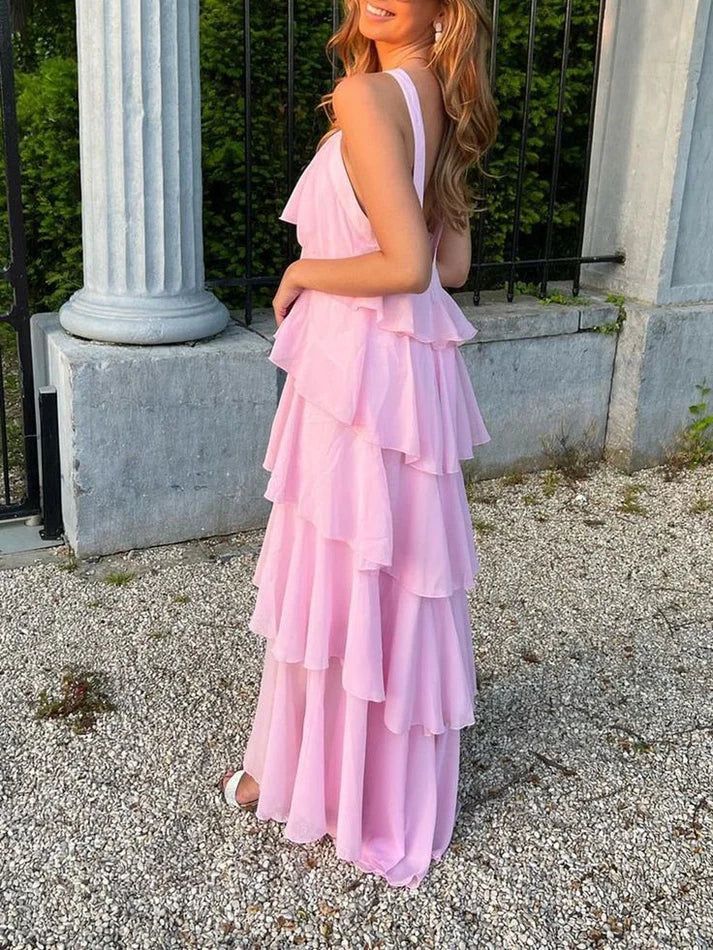 Robe de soirée longue en mousseline de soie rose à volants, jolie et mignonne, longueur au sol, pour bal de promo, pour 22e anniversaire, nv3904