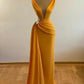 Yellow Deep V Neck Long Mermaid Slim Ball Gown Sexy Satin Evening Dress Cocktail Party Dress nv3161