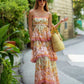 A-Line Floral Print Halter Long Prom Gown Tiered Formal Party Dress Maxi Dress nv2675