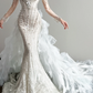 White Off Shoulder Wedding Gown High Neck Choker Beaded Lace Mermaid Ruffle Tulle Overskirt Bridal Dress  NV7163
