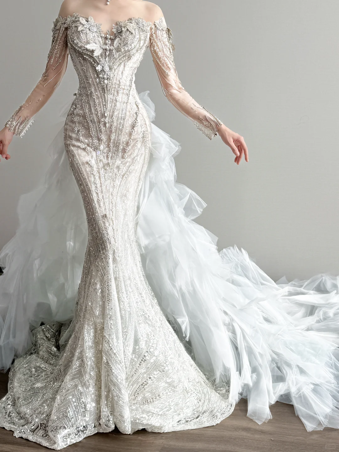 White Off Shoulder Wedding Gown High Neck Choker Beaded Lace Mermaid Ruffle Tulle Overskirt Bridal Dress  NV7163