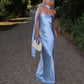 Blaues, schlichtes, modisches, langes Ballkleid aus Satin, Abendkleid, Partykleid, NV4765