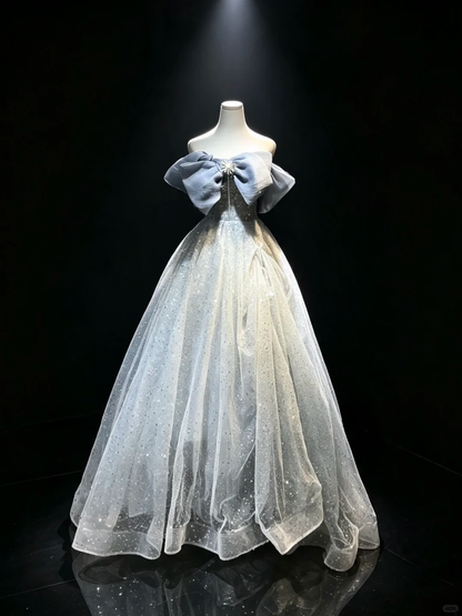 Off Shoulder Dusty Blue Princess Prom Dress Big Bow Sparkly Tulle Ball Gown  NV6976