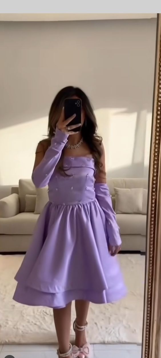 Lila trägerloses Satin A-Linie Kurzes Ballkleid Homecomingkleid Geburtstagskleid Abendkleid nv2108